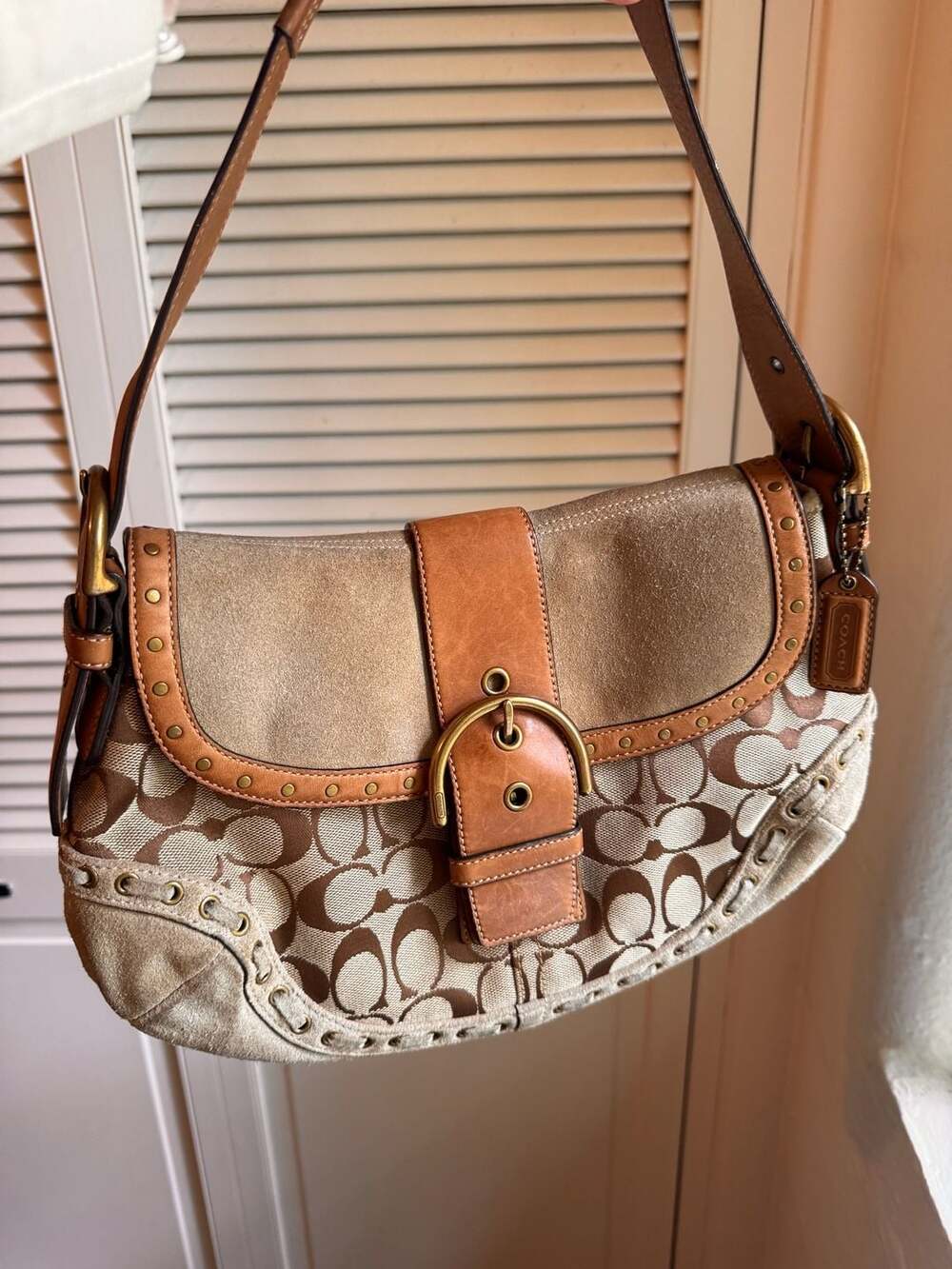 Vintage Coach Signature C Canvas and Suede Studded Soho Shoulder Bag No. G06W-93